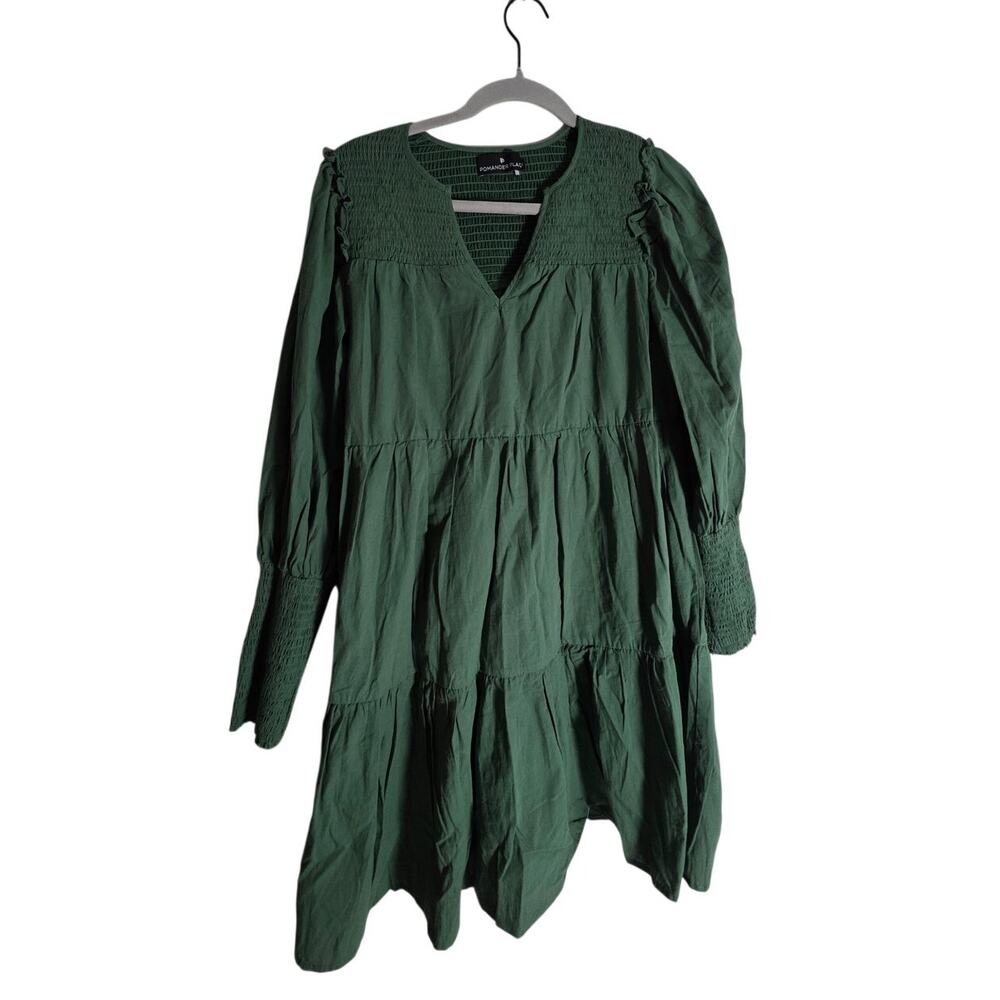 Women Pomander Place Green Cotton Smocked Dress XS Boho Cottagecore Lagenlook